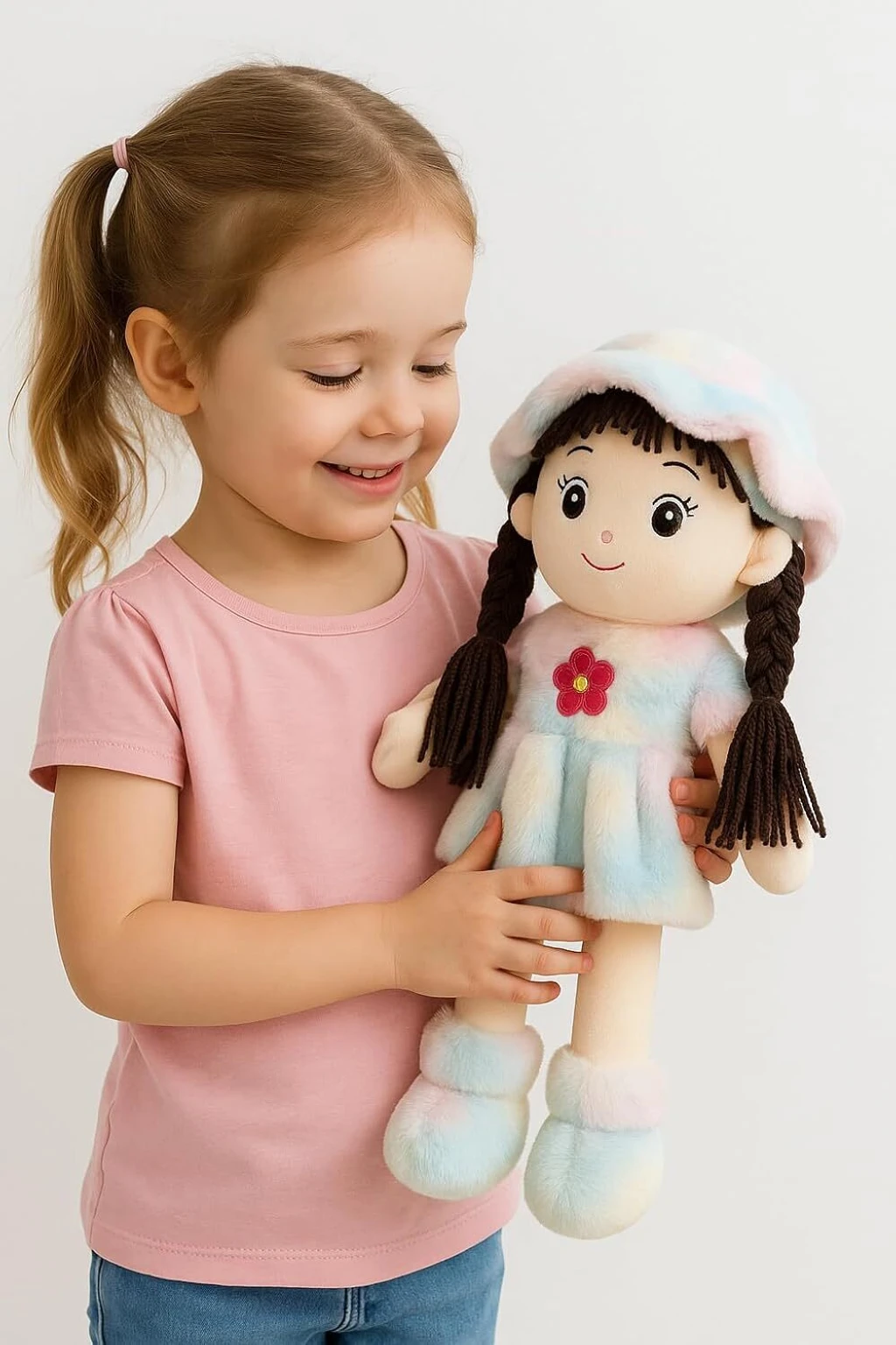Soft Doll for Kids Plush Stuffed Toy Colorful Dress Cute Gift for Girls  - 40 cm (Multicolor)